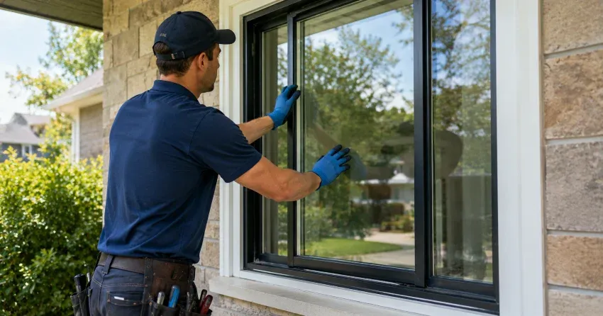 technician measuring a broken window pane for replacement in Bowmanville