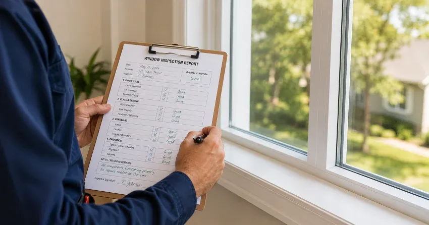technician inspecting window seal and frame in Bowmanville