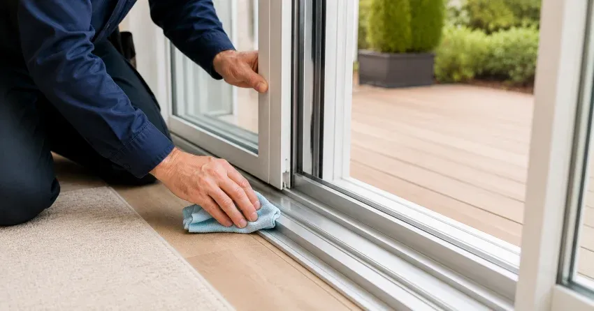 technician inspecting a sliding patio door track in Lakefront, Bowmanville