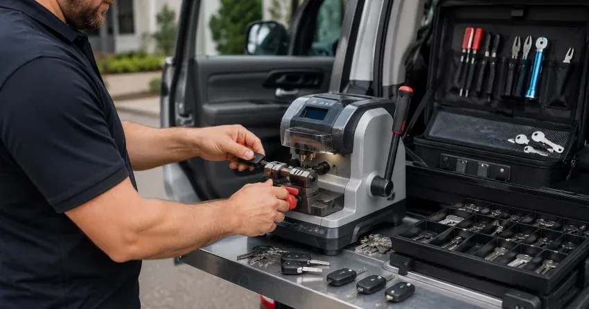 technician cutting a replacement car door lock key in Bowmanville