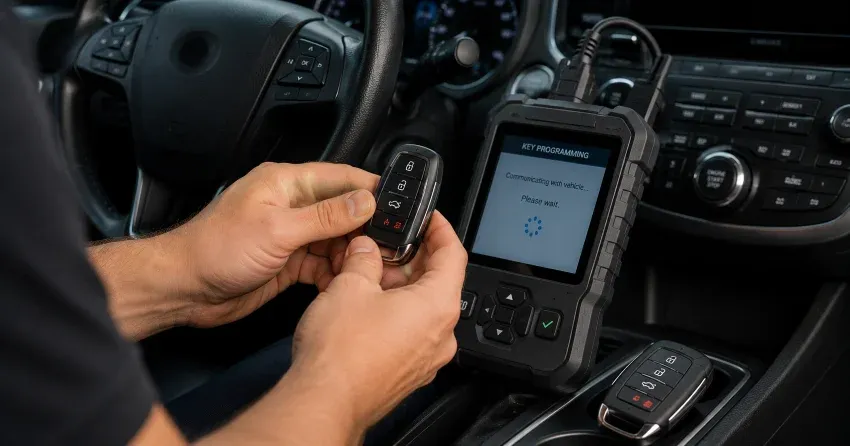 technician inspecting a worn car key before replacement in Bowmanville