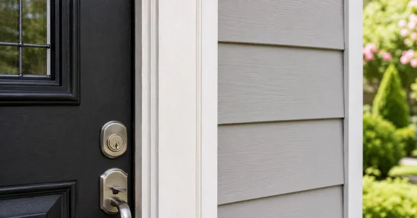 technician inspecting door jamb behind cracked casing in Bowmanville home