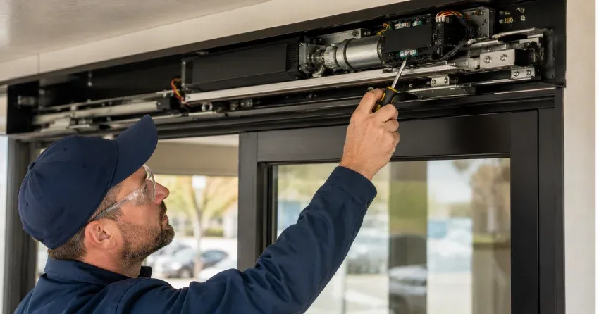 technician completing automatic door repair on residential property in Bowmanville