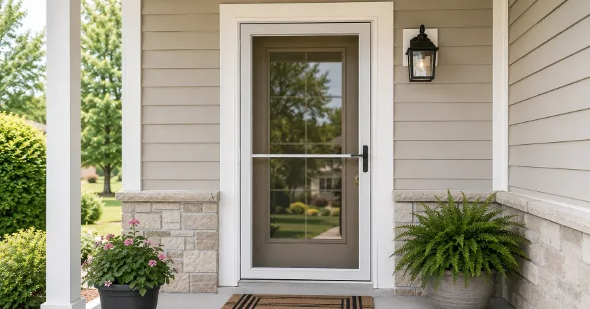 technician hanging storm door square and plumb in Downtown, Bowmanville