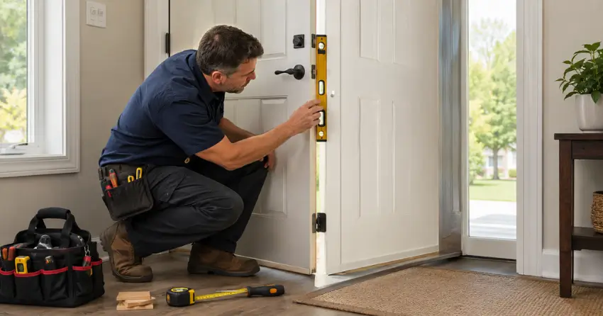 technician diagnosing a misaligned door frame in Downtown, Bowmanville