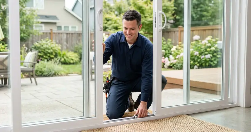 technician diagnosing a sticking patio door in Bowmanville