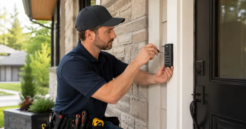 Technician installing an access control system keypad beside a residential front door in Downtown, Bowmanville