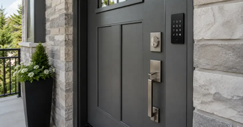 High-security door hardware and access control keypad installed on a residential entry door in Bowmanville