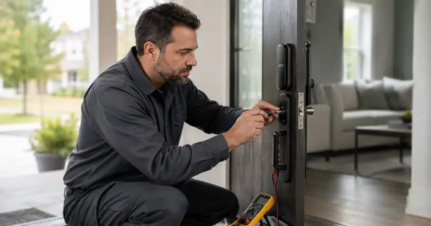 technician diagnosing automatic door lock mechanism on residential door in Soper Creek, Bowmanville