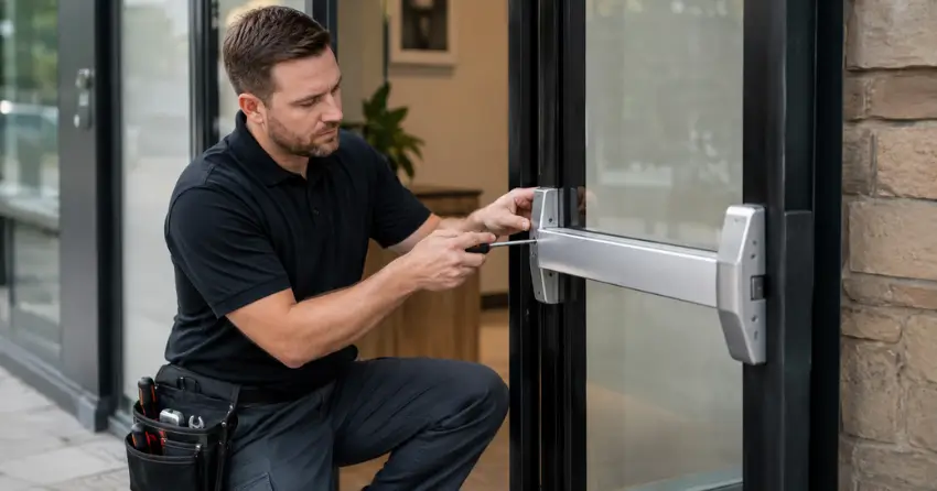 commercial locksmith repairing exit device on storefront door Bowmanville