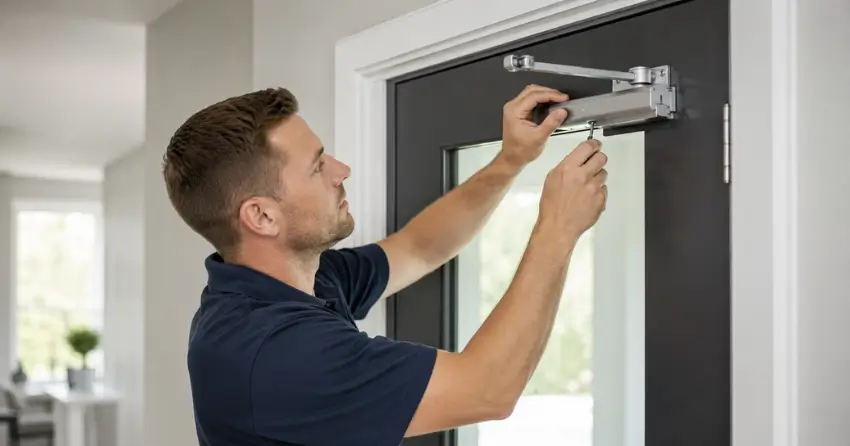 technician adjusting door closer hydraulic valve in Soper Creek, Bowmanville home