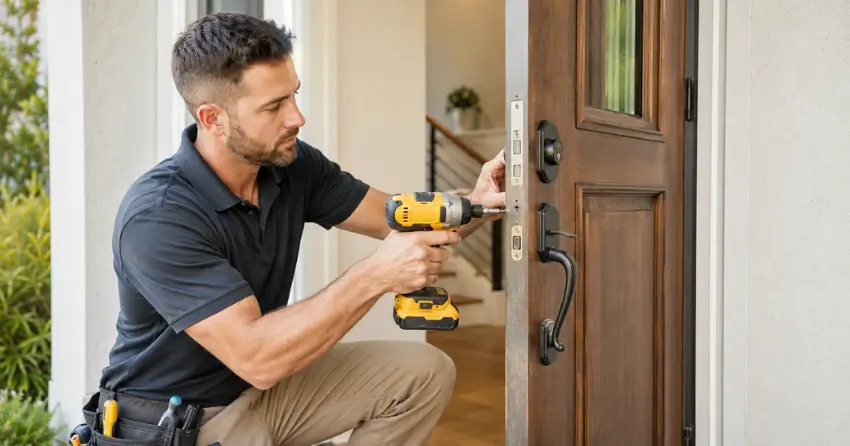 locksmith installing new deadbolt lock on front door in Bowmanville