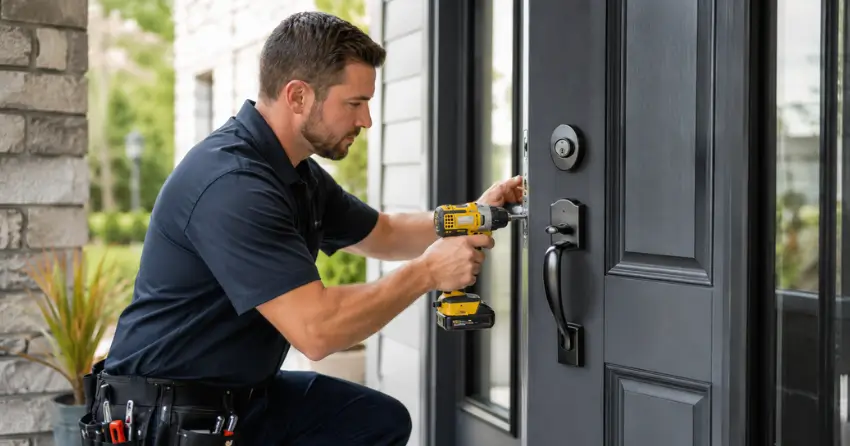 locksmith installing deadbolt lock on exterior door in Bowmanville