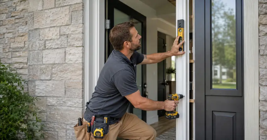 technician installing a new exterior door frame in Bowmanville