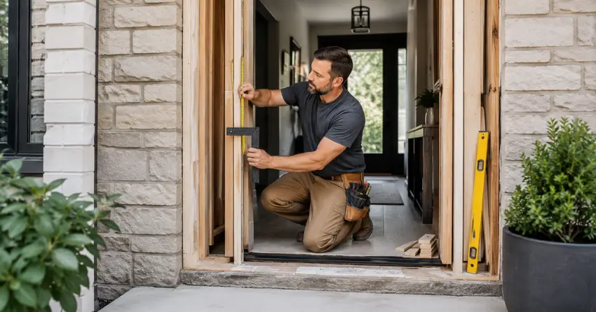 exterior door installer assessing rough opening in Bowmanville
