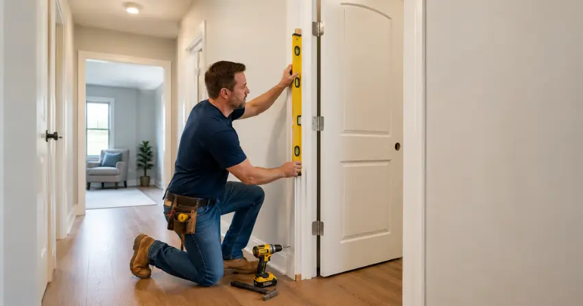 technician installing a pre-hung interior door in a home hallway Downtown, Bowmanville