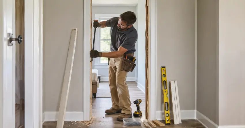 technician removing an old interior door frame during installation Bowmanville