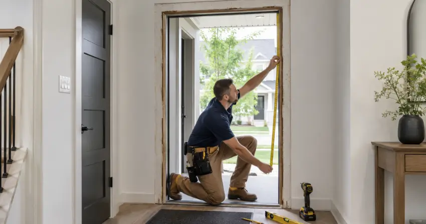 technician measuring a door frame before new door installation in Downtown, Bowmanville