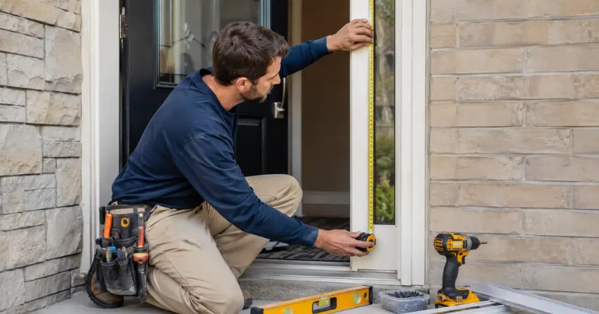 technician measuring door frame before storm door install in Downtown, Bowmanville