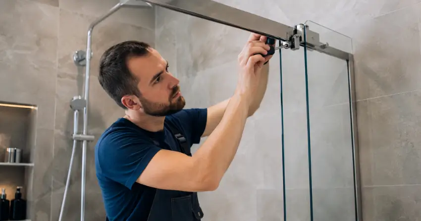 technician adjusting shower door hinge and track in Downtown, Bowmanville