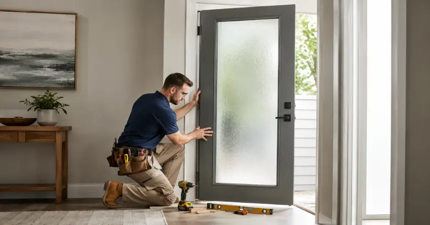 glass panel door installation with frosted privacy glass in residential setting in Bowmanville