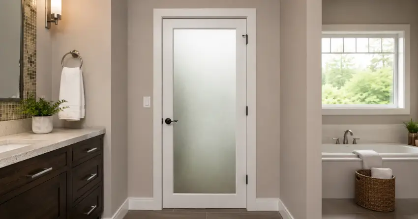 frosted glass panel bathroom door installed in a West Beach, Bowmanville home