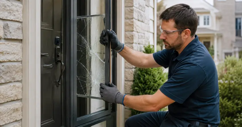 technician removing cracked storm door glass panel in Lakefront, Bowmanville