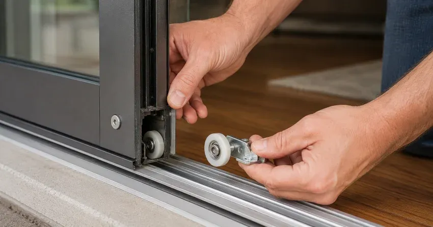 sliding door alignment Bowmanville technician adjusting roller track
