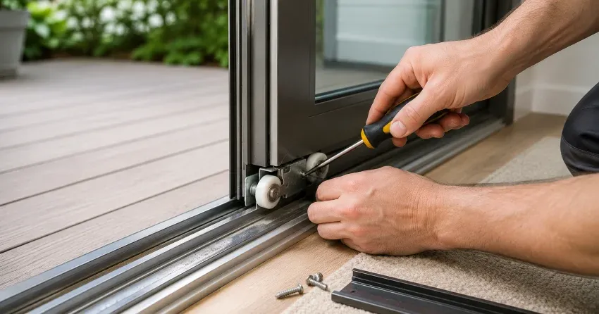 sliding door fix Bowmanville technician diagnosing track issue