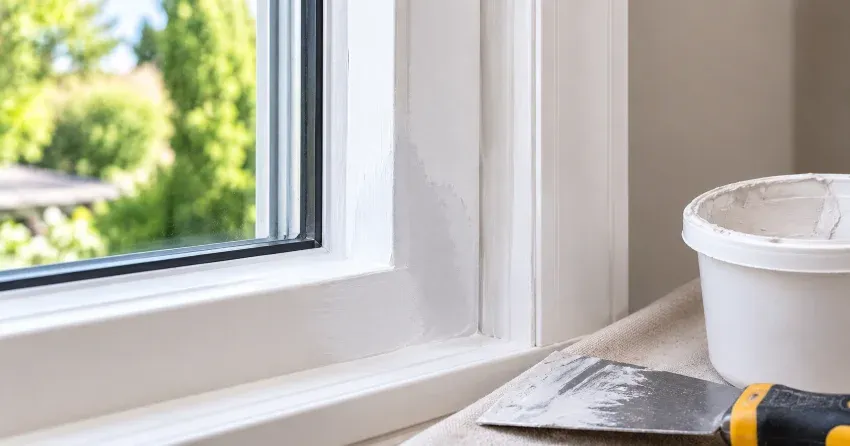technician repairing rotted window frame corner in Bowmanville
