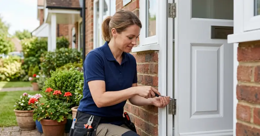 technician repairing exterior door hinge and frame in Bowmanville