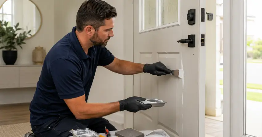 technician repairing fiberglass door surface crack in Bowmanville