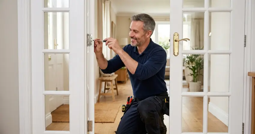 technician adjusting French door hinge for proper alignment in Lakefront, Bowmanville