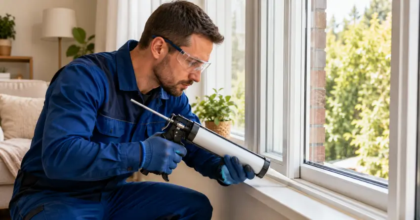 technician repairing window seal and frame in Bowmanville