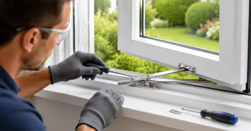 automatic door technician inspecting sensor and control panel in Bowmanville