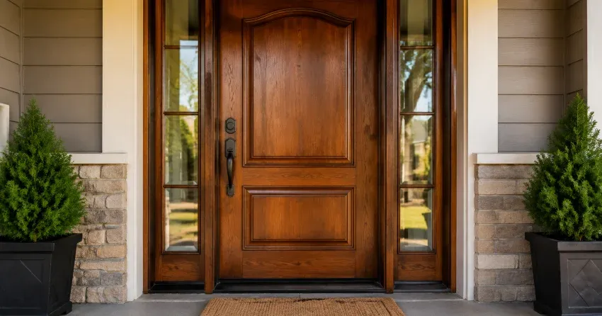 wood door mid-restoration showing stripped bare wood in Bowmanville
