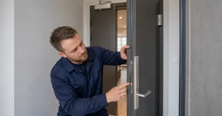 technician inspecting fire-rated door seal and hardware in Bowmanville