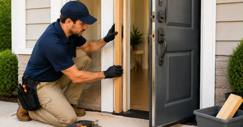 technician inspecting damaged door frame corner in Bowmanville