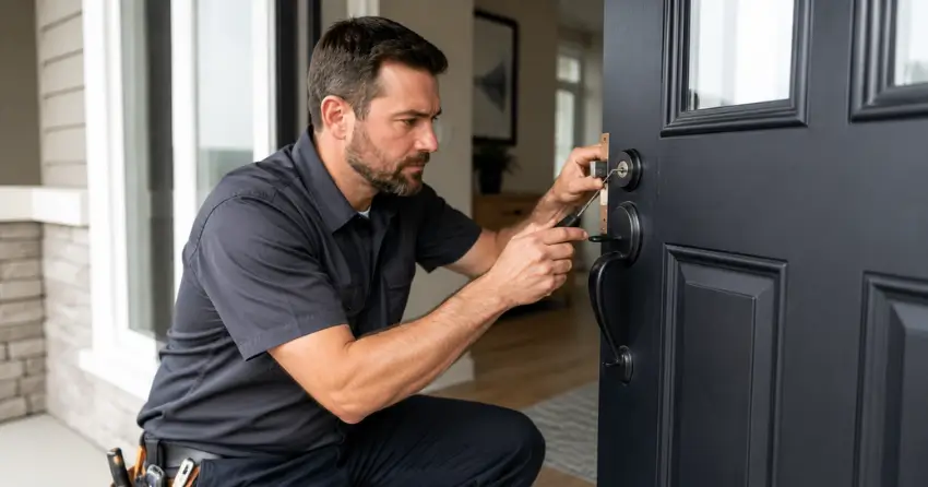 licensed locksmith technician working on residential deadbolt in Bowmanville