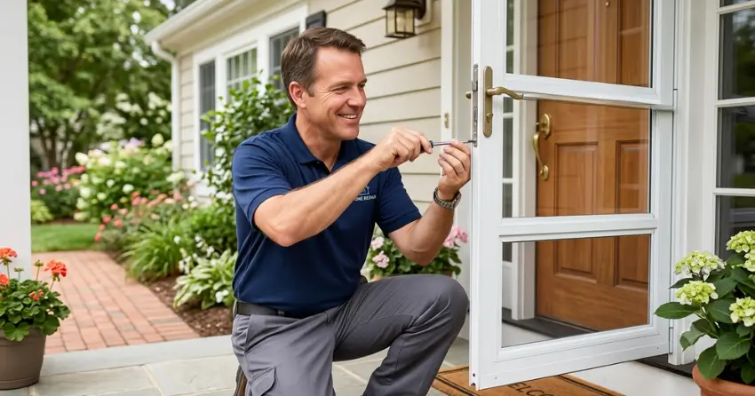 technician adjusting storm door hinge and closer in Bowmanville